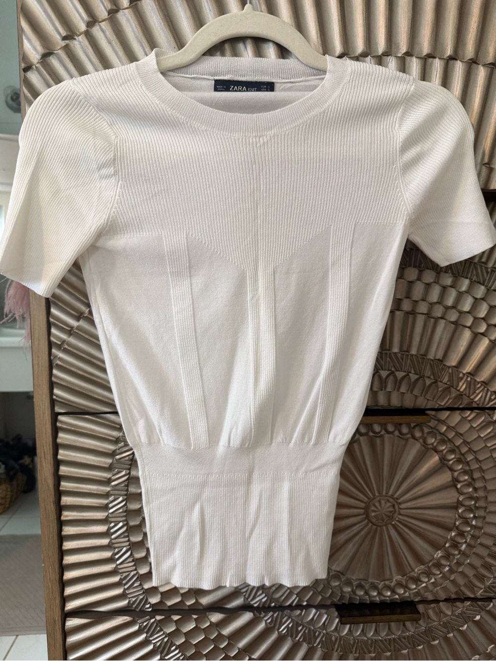 Zara Cream Short-Sleeve Ribbed Knit Top
